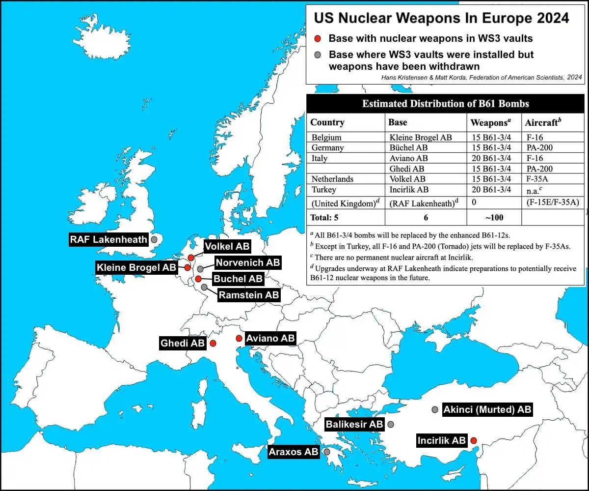 美国在北约国家部署有约100颗核弹，其中许多在德国的美军基地