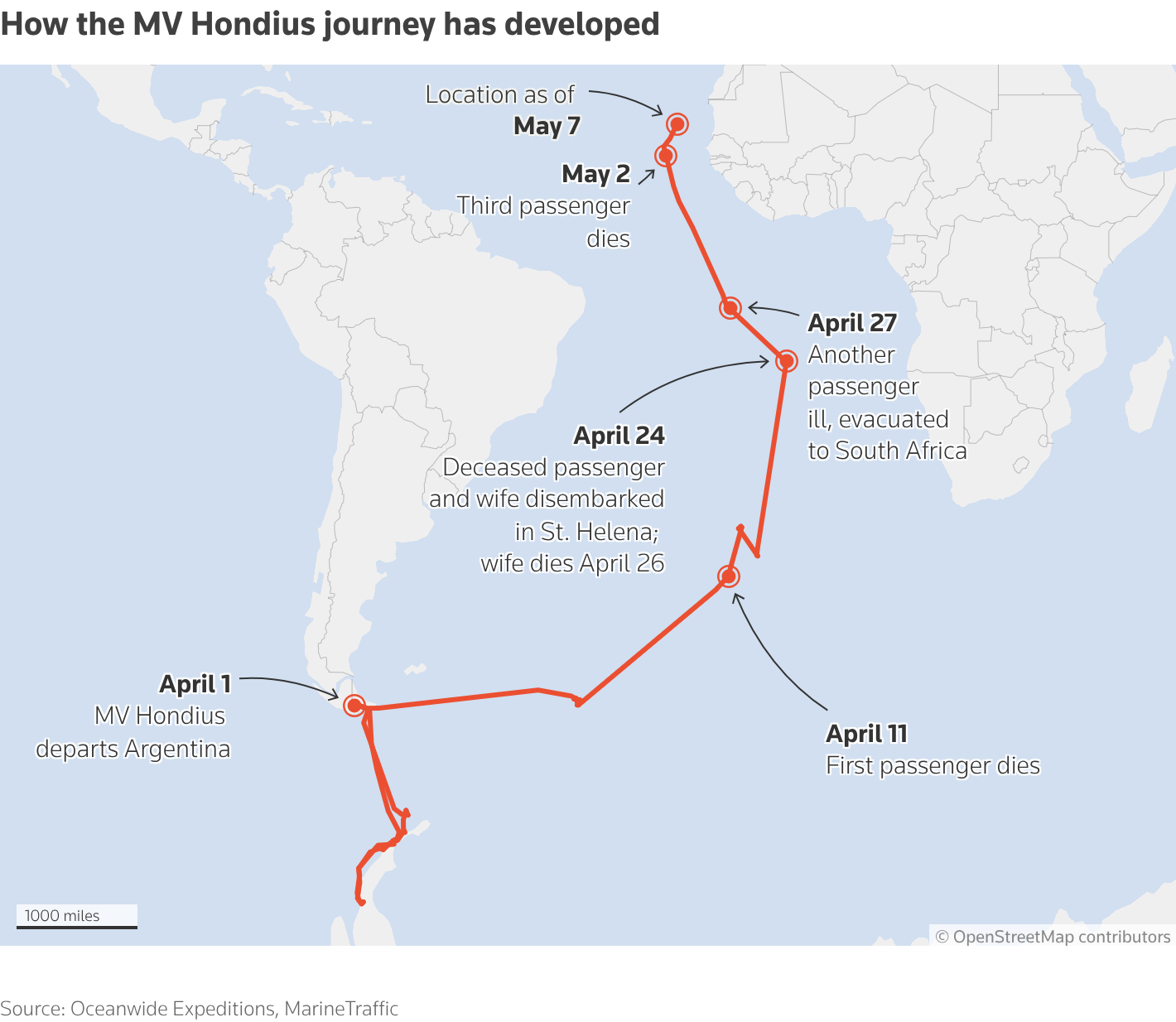 地图显示了MV Hondius号的航线